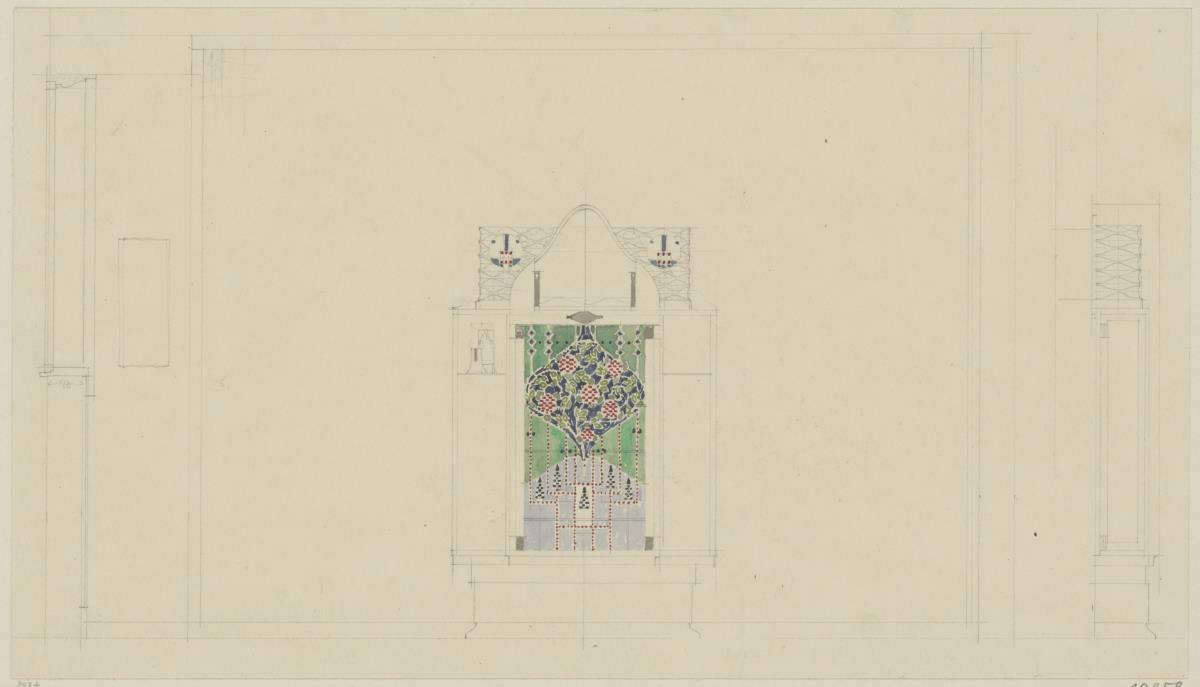 St. Louis, Sommersitz eines Kunstfreundes auf der internationalen Ausstellung, Teezimmer, Raum 23, Aufriss der Nordwestwand sowie Seitenansicht der Vitrine