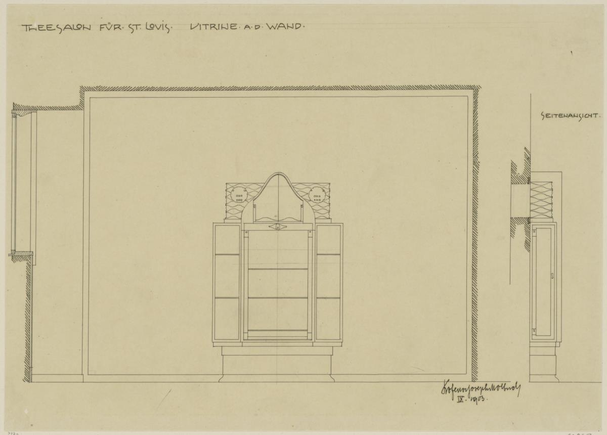 St. Louis, Sommersitz eines Kunstfreundes auf der internationalen Ausstellung, Teezimmer, Raum 23, Aufriss der Nordwestwand und Seitenansicht der Vitrine