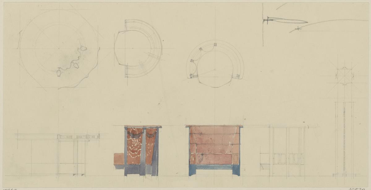 St. Louis, Sommersitz eines Kunstfreundes auf der internationalen Ausstellung, Bibliothek, Raum 24, Aufrisse und Grundrisse der Möbel