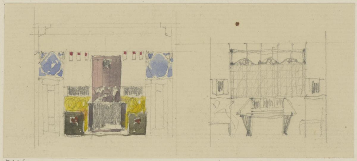 St. Louis, Sommersitz eines Kunstfreundes auf der internationalen Ausstellung, Musikzimmer, Raum 26, Vorentwurf mit Aufriss der Südwestwand sowie Aufriss der Nordwestwand des Herrenzimmers