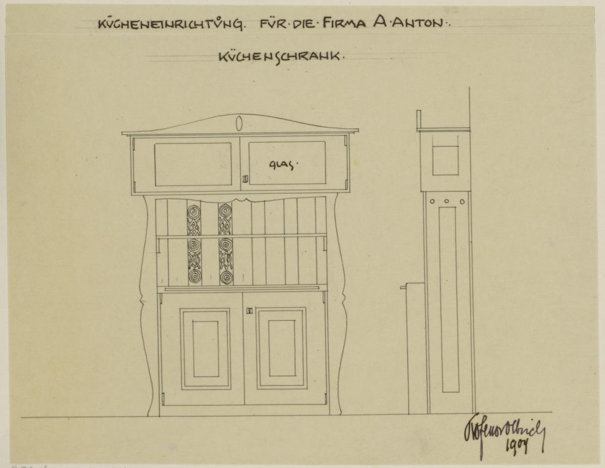 Darmstadt, Dreihäusergruppe, Eckhaus, Kellergeschoss, Küche, Aufriss und Seitenansichten des Schrankes