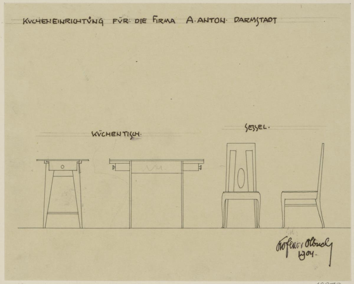 Darmstadt, Dreihäusergruppe, Eckhaus, Kellergeschoss, Küche, Aufrisse und Seitenansichten von Küchentisch und Stuhl