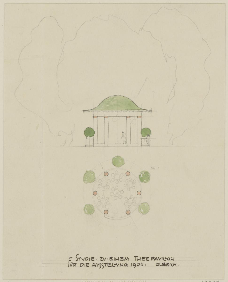Darmstadt, provisorisches Restaurant für die Künstler Kolonie Ausstellung, Aufriss und Grundriss eines Pavillons