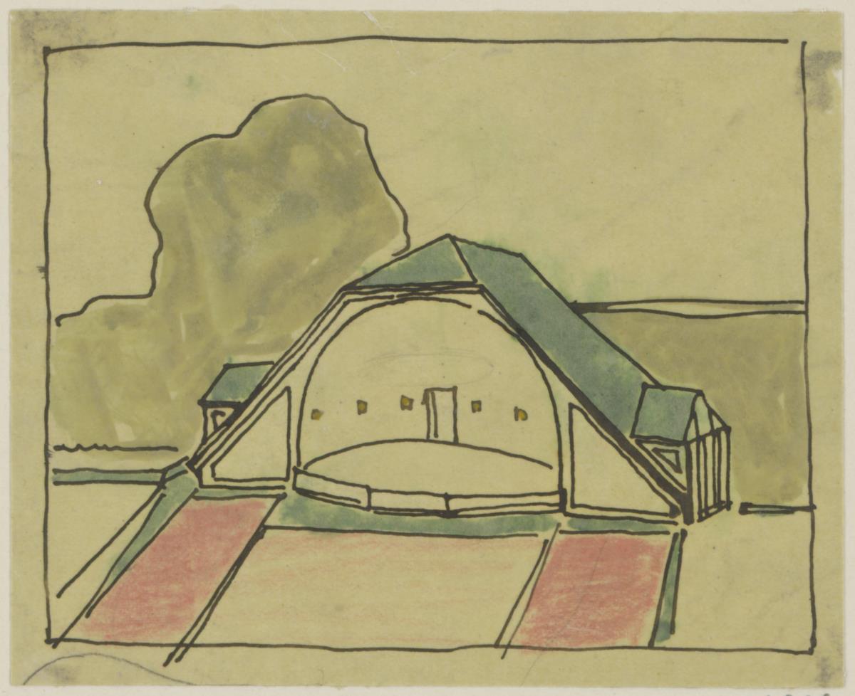 Darmstadt, provisorischer Konzertpavillon für die Künstlerkolonie Ausstellung, Skizzenblatt mit Perspektive