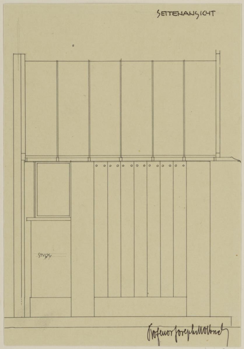 Darmstadt, provisorische Kartenpavillons und Zaun für die Künstlerkolonie Ausstellung, Postkarten Pavillon, Aufriss einer Seitenfassade