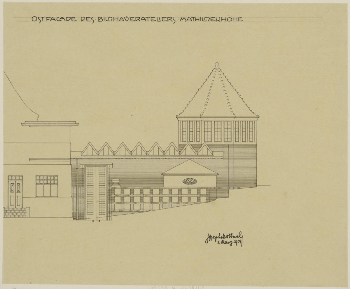 Darmstadt, Bildhaueratelier am Ernst Ludwig Haus, 1904, Aufriss der Ostfassade