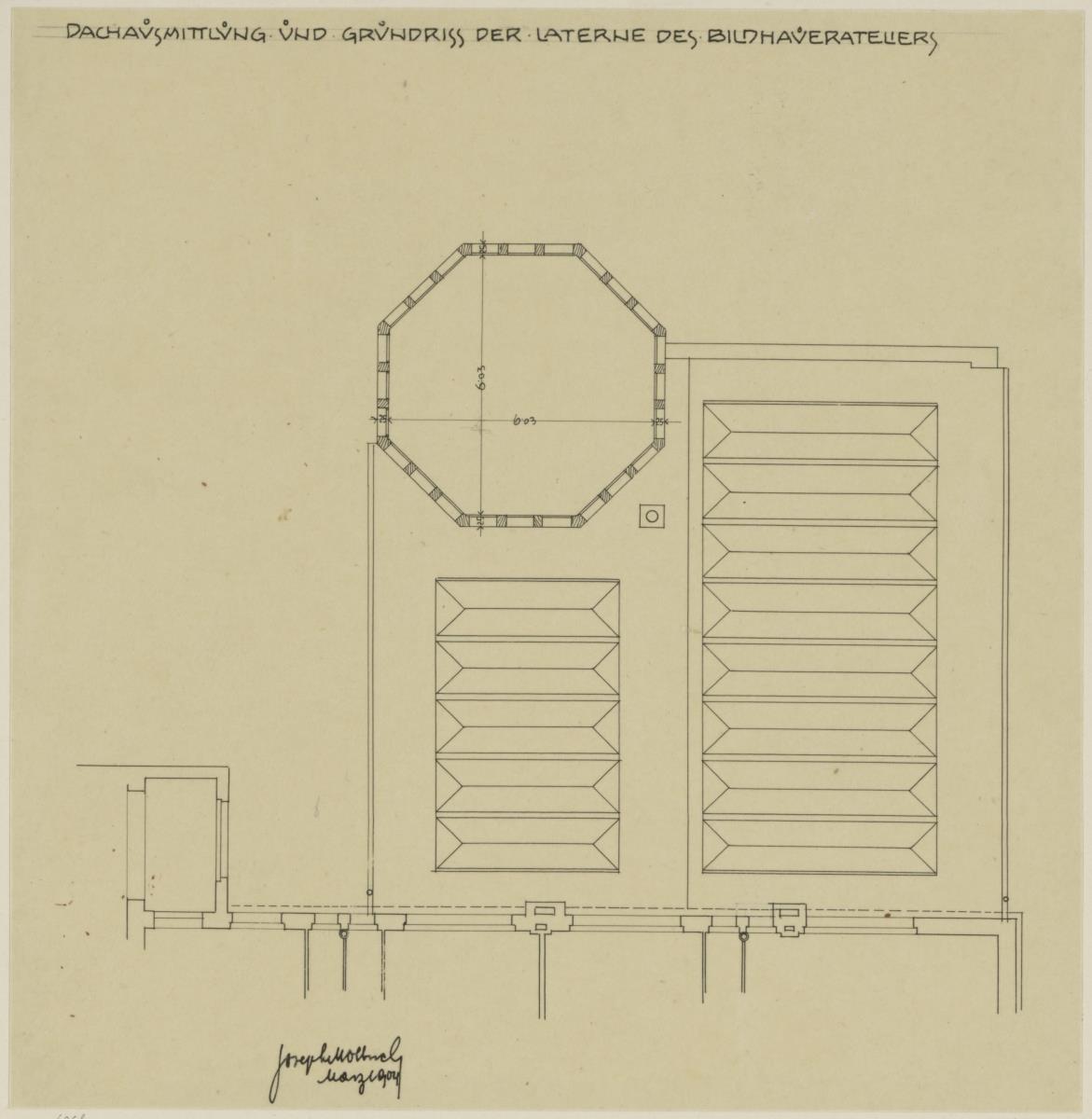 Darmstadt, Bildhaueratelier am Ernst Ludwig Haus, Horizontalschnitt durch die Laterne des Oktogons und Projektion des Atelierdaches