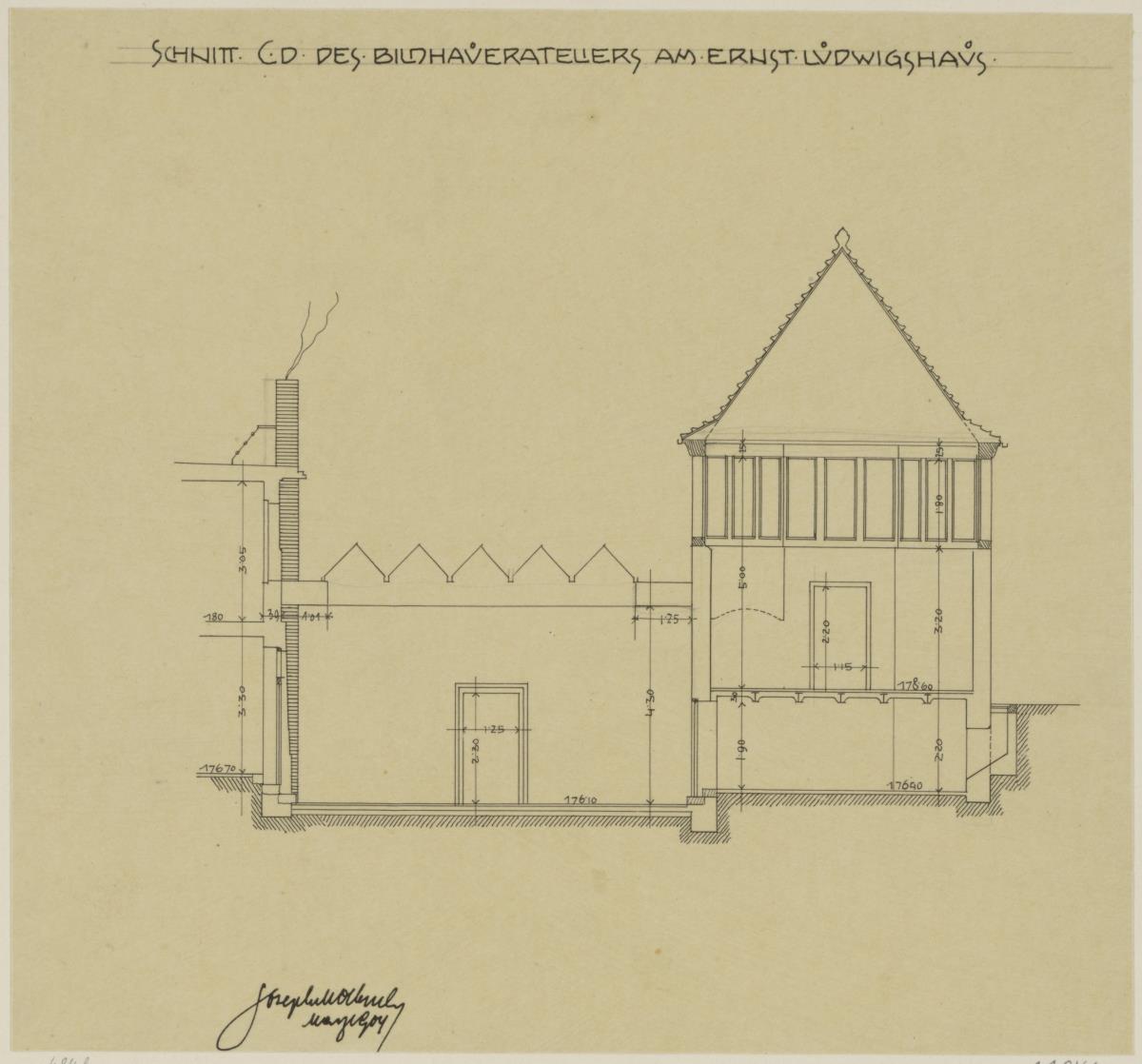 Darmstadt, Bildhaueratelier am Ernst Ludwig Haus, Schnitt