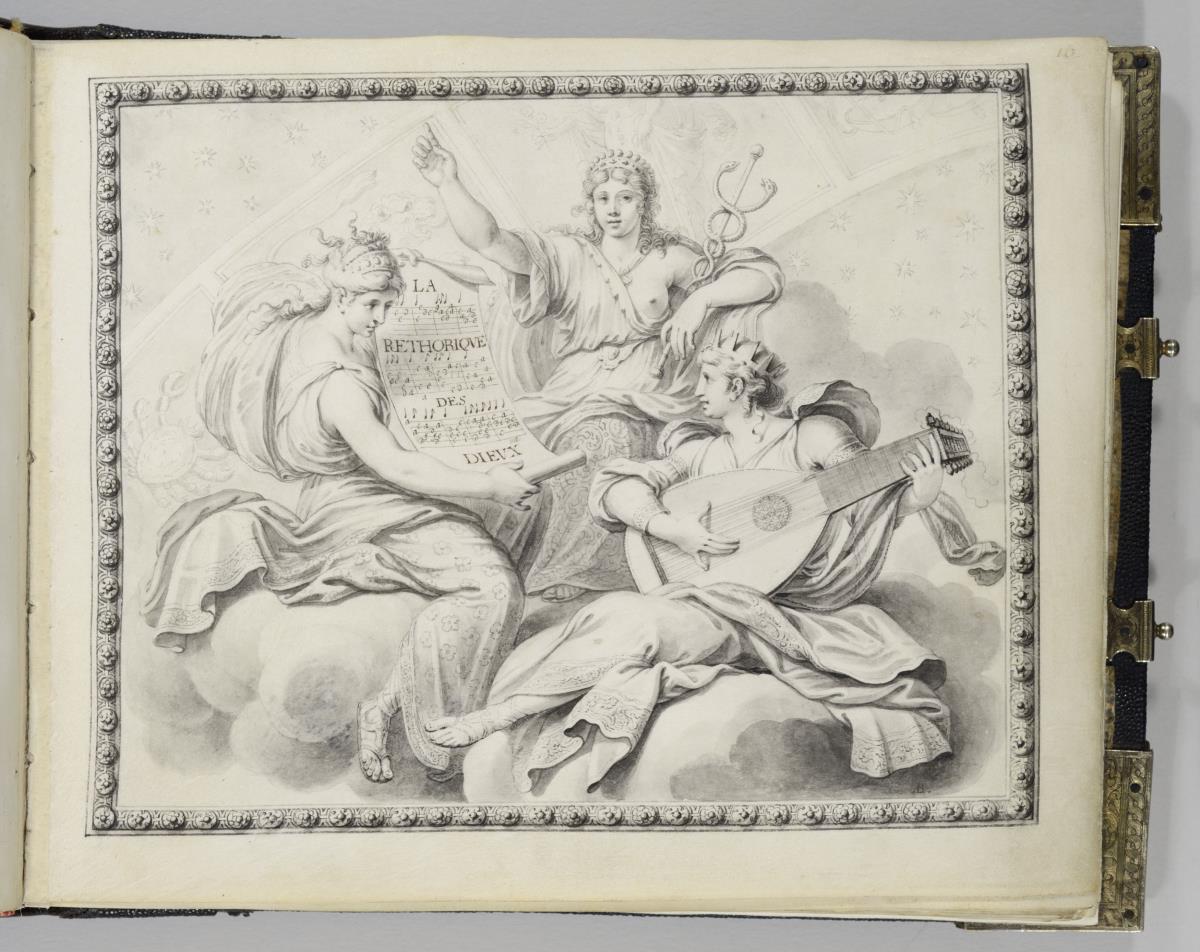 Die allegorischen Figuren der Musik, Harmonie und Beredsamkeit vor dem Firmament