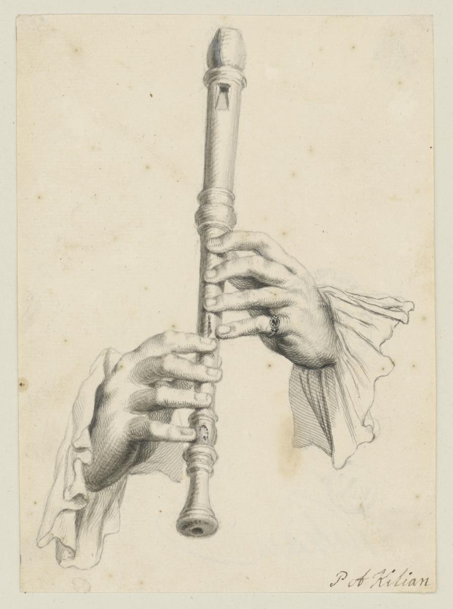Zwei Hände mit einer Klarinette, nach Watteau