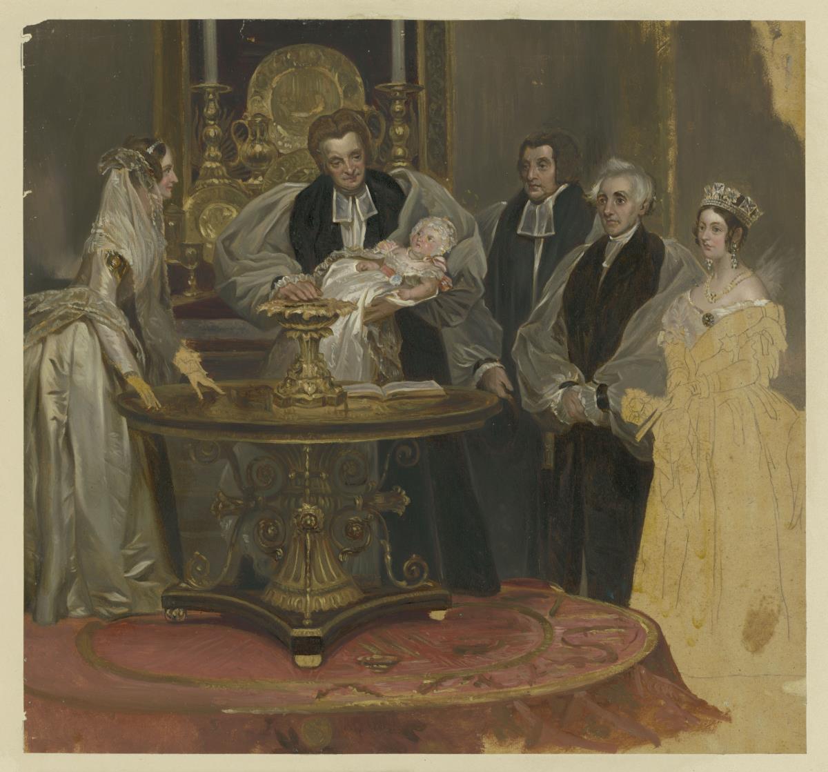 Detail der Mittelgruppe: Die Taufe der Prinzessin Victoria von England. Skizze zum Gemälde der Kaiserin Friedrich in Berlin (1858)