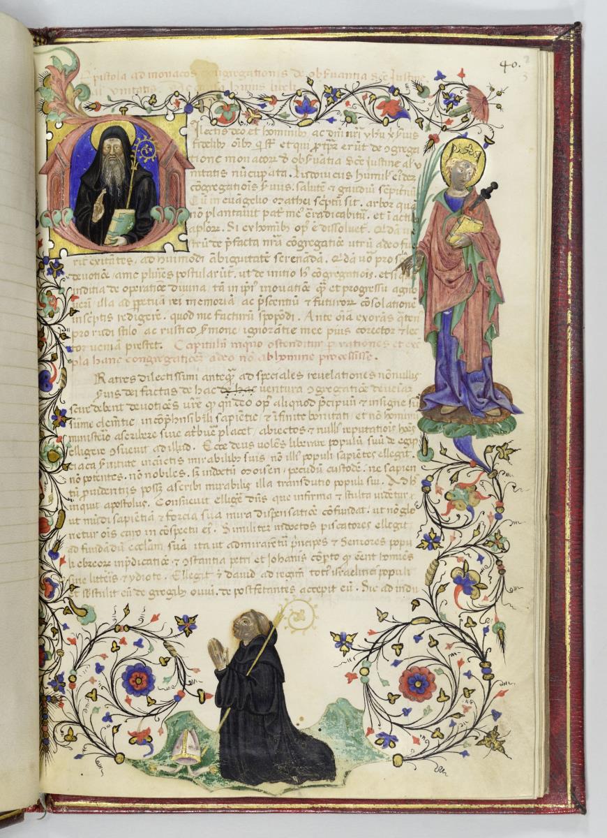 Ludovico Barbo, Epistola ad monacos Congregationis de observantia Sancte Justine. Ganzseitige Umrahmung mit Initial D, der stehenden Justina und unten dem knienden Verfasser