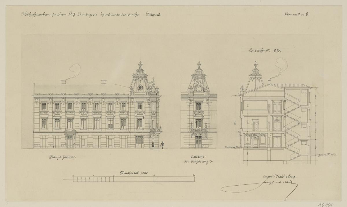 Belgrad, Wohn und Geschäftshaus für Dr. G. Dimitrijewic´, Aufrisse der Haupt und Eckfassade sowie Querschnitt