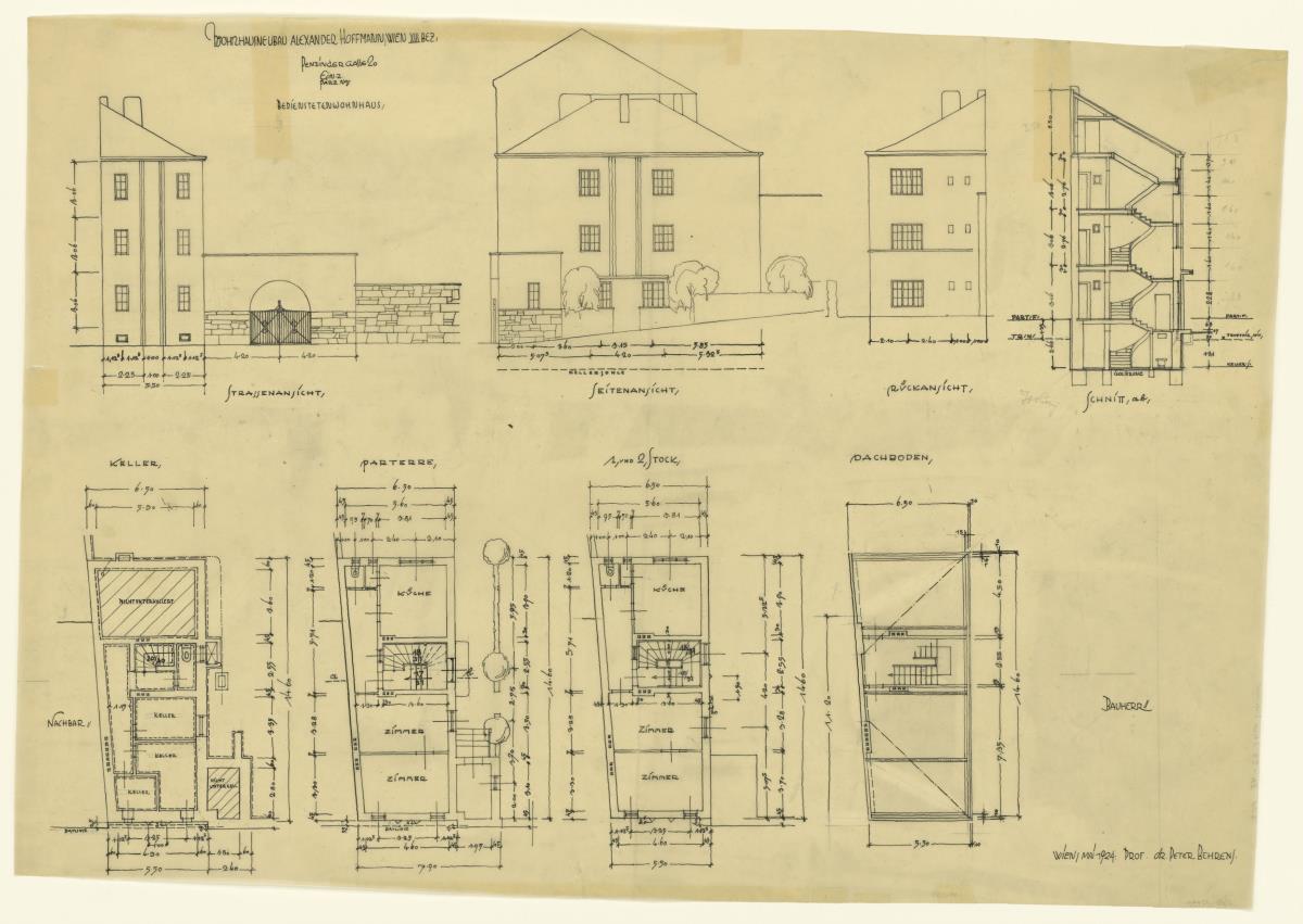 Wohnhaus Alexander Hoffmann, Wien, Bedienstetenwohnhaus, Grundrisse, Ansichten, Schnitt