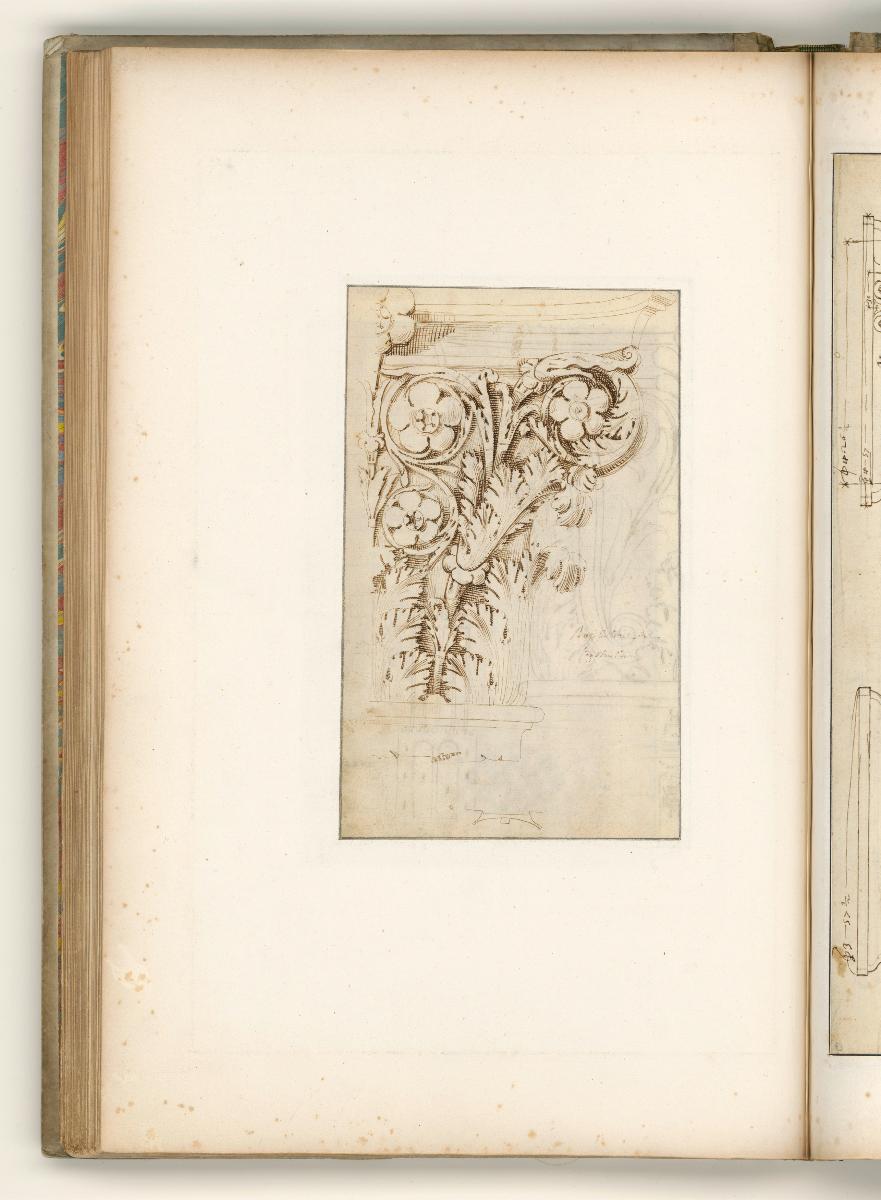 Rom, Torre dei Conti, Aufriss und Grundrisse der einzelnen Geschosse;  Aufriss eines Kapitells, verso: halber Aufriss eines Kapitells