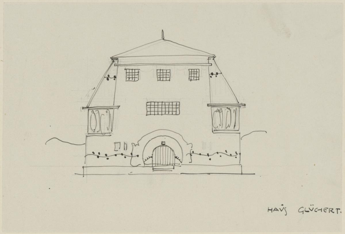 Darmstadt, Grosses Glückerthaus, vorbereitende Skizze, Aufriss der Westfassade