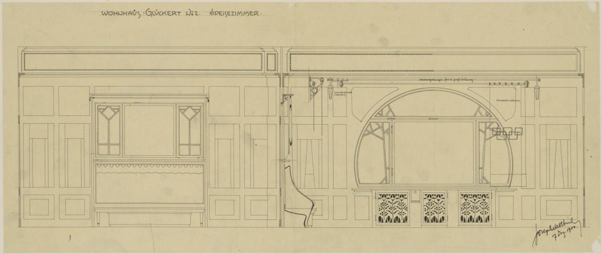 Darmstadt, Grosses Glückerthaus, Speisezimmer, Aufrisse der Ost- und Südwand