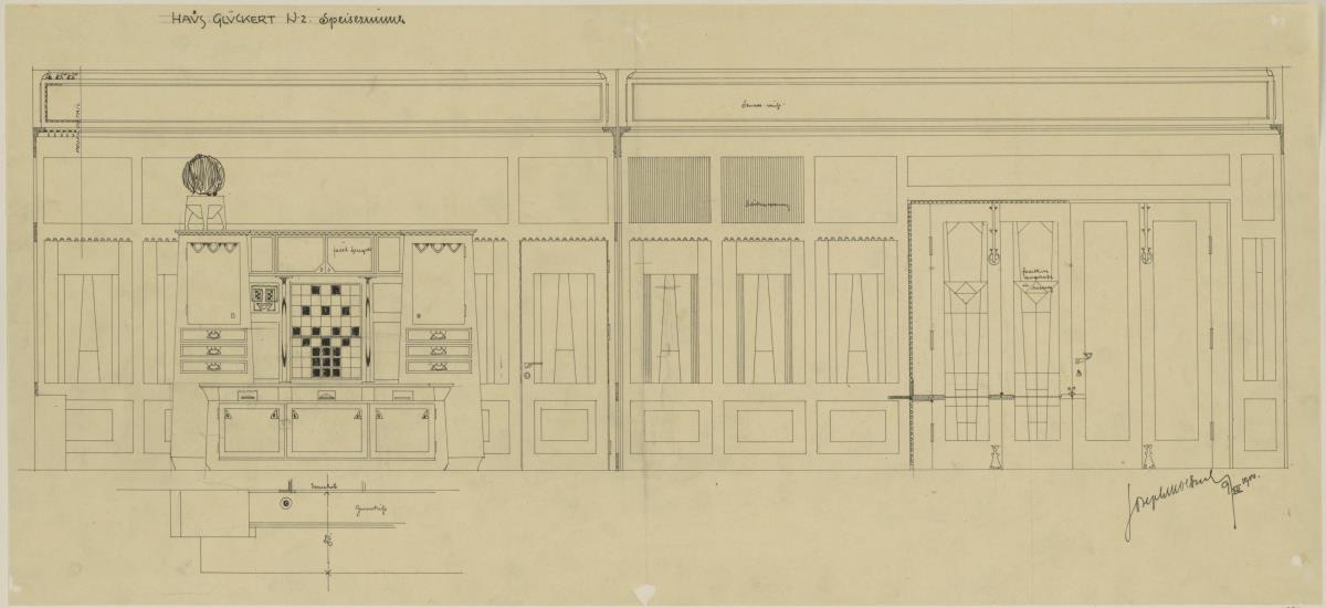 Darmstadt, Grosses Glückerthaus, Speisezimmer, Aufrisse der West und Nordwand sowie Teilgrundriss der Anrichte