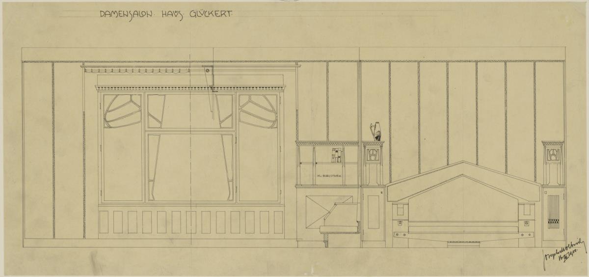 Darmstadt, Grosses Glückerthaus, Empfangszimmer, Aufrisse der West- und Nordwand