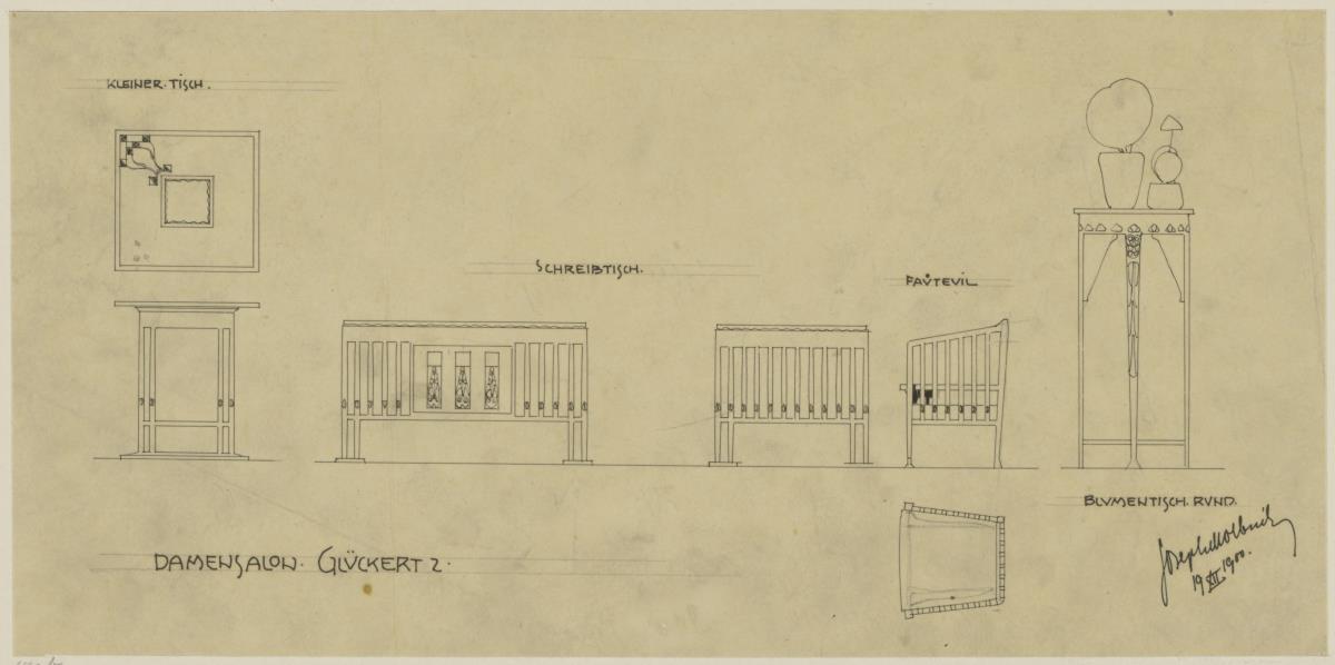 Darmstadt, Grosses Glückerthaus,Damensalon, Aufriss und Platte eines kleinen Tisches, Aufriss und Seitenansicht des Schreibtisches, Grundriss und Seitenansicht des Sessels sowie Aufriss eines Blumenständers