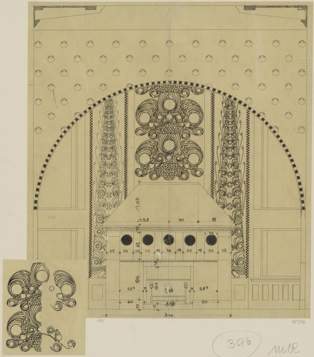 Darmstadt, Grosses Glückerthaus, Halle, Aufriss der Ostwand, Detailzeichnung