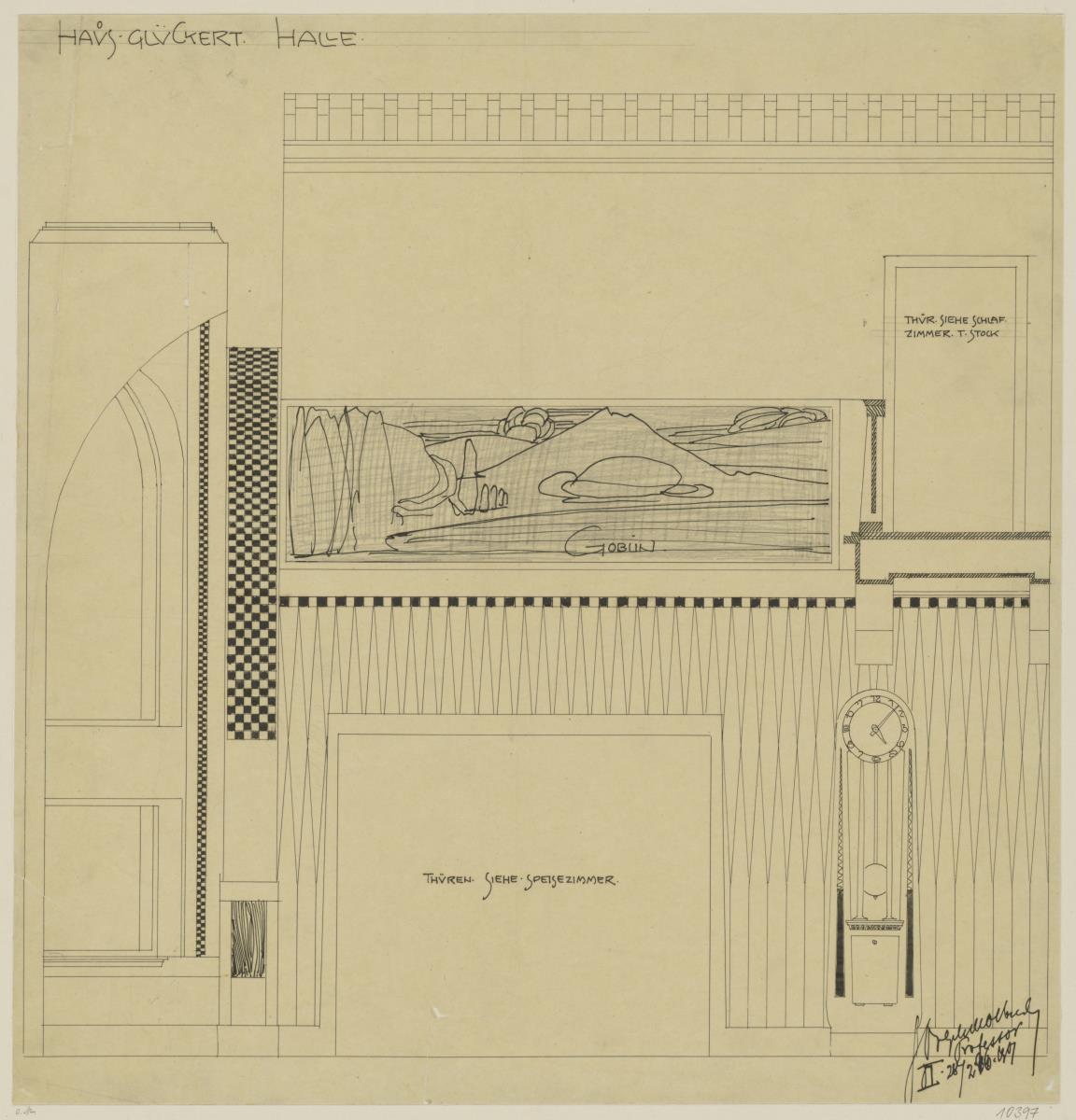 Darmstadt, Grosses Glückerthaus, Halle, Aufriss der Südwand sowie Schnitt durch die Ostwand