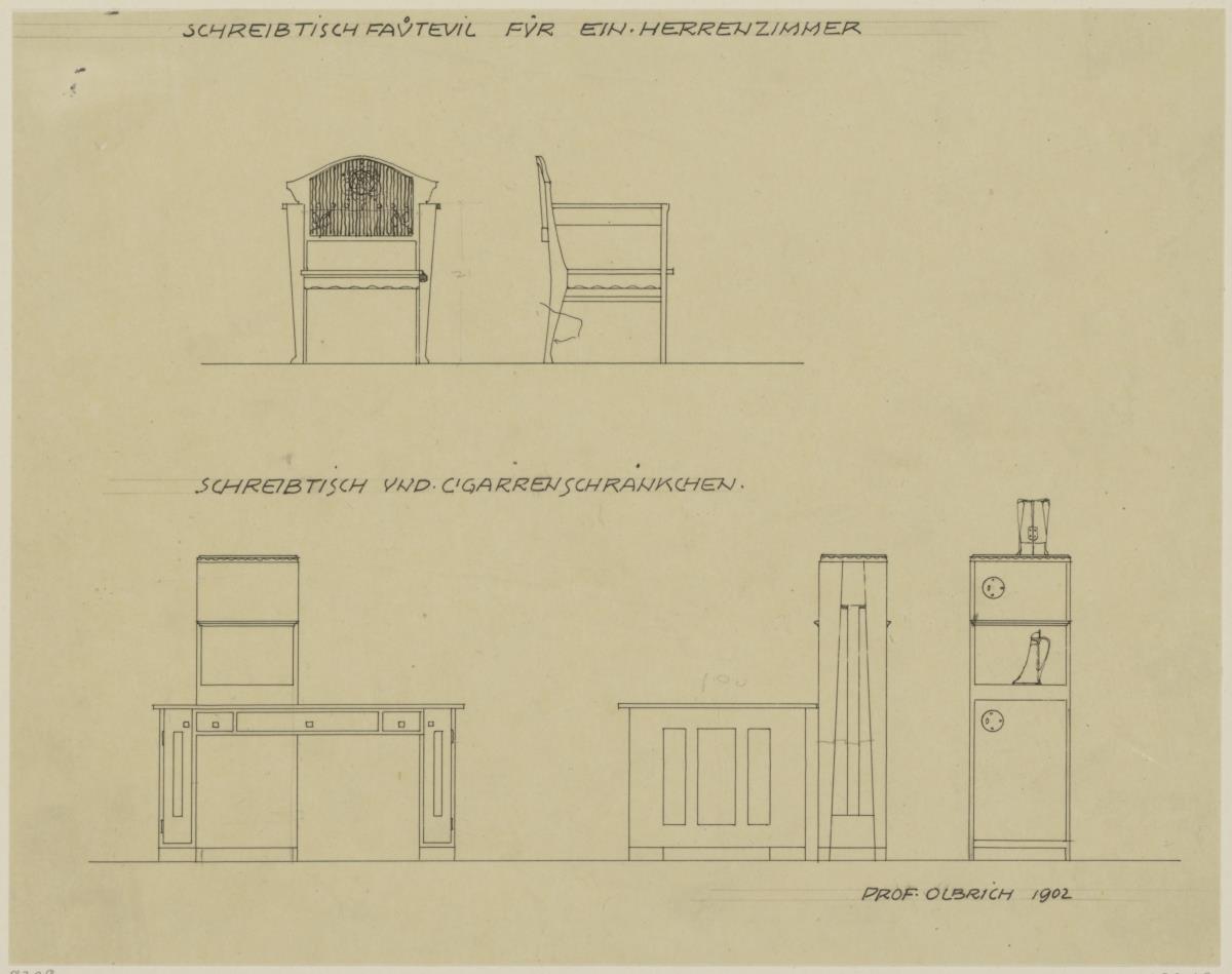 Darmstadt, Doppelhaus Stade, Wohnung Gustav Stade, Herrenzimmer, Aufrisse und Seitenansichten von Schreibtisch, Sessel und Zigarrenschränkchen