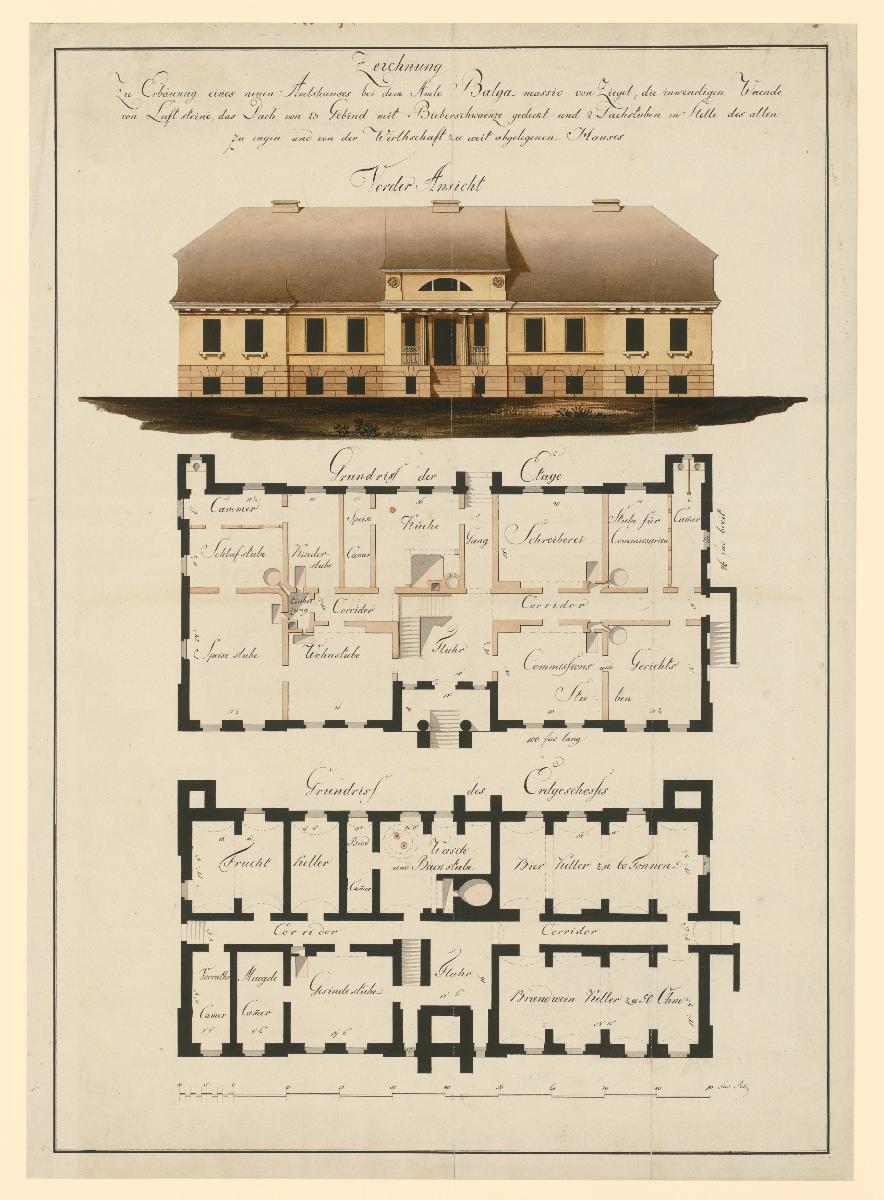 Entwurf zu einem Amtshaus des Amtes Balga, Ansicht und Grundrisse