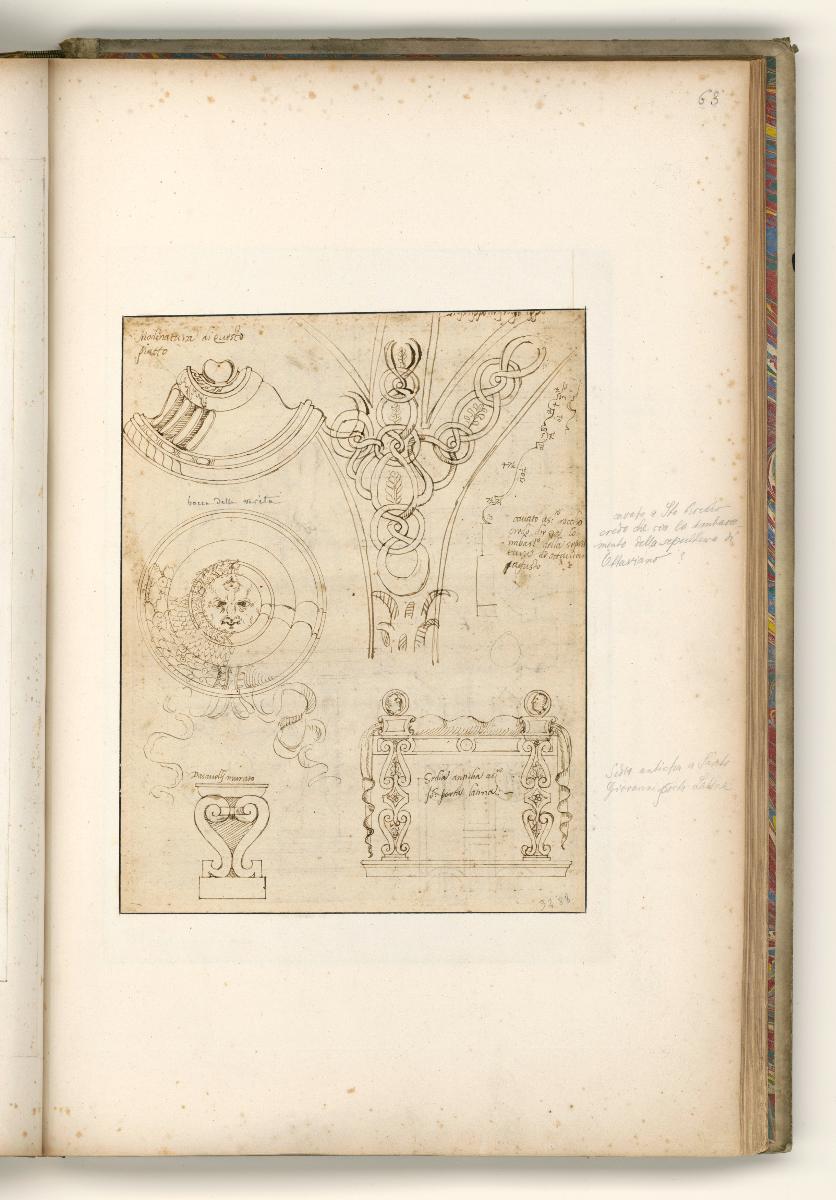 Muster für Prunkkeller, Konsole, Gewölbedekoration, Thron, Verso: Grundriss einer Villa, Grundriss Baptisteriums S. Giovanni, u.ä. architektonische Details