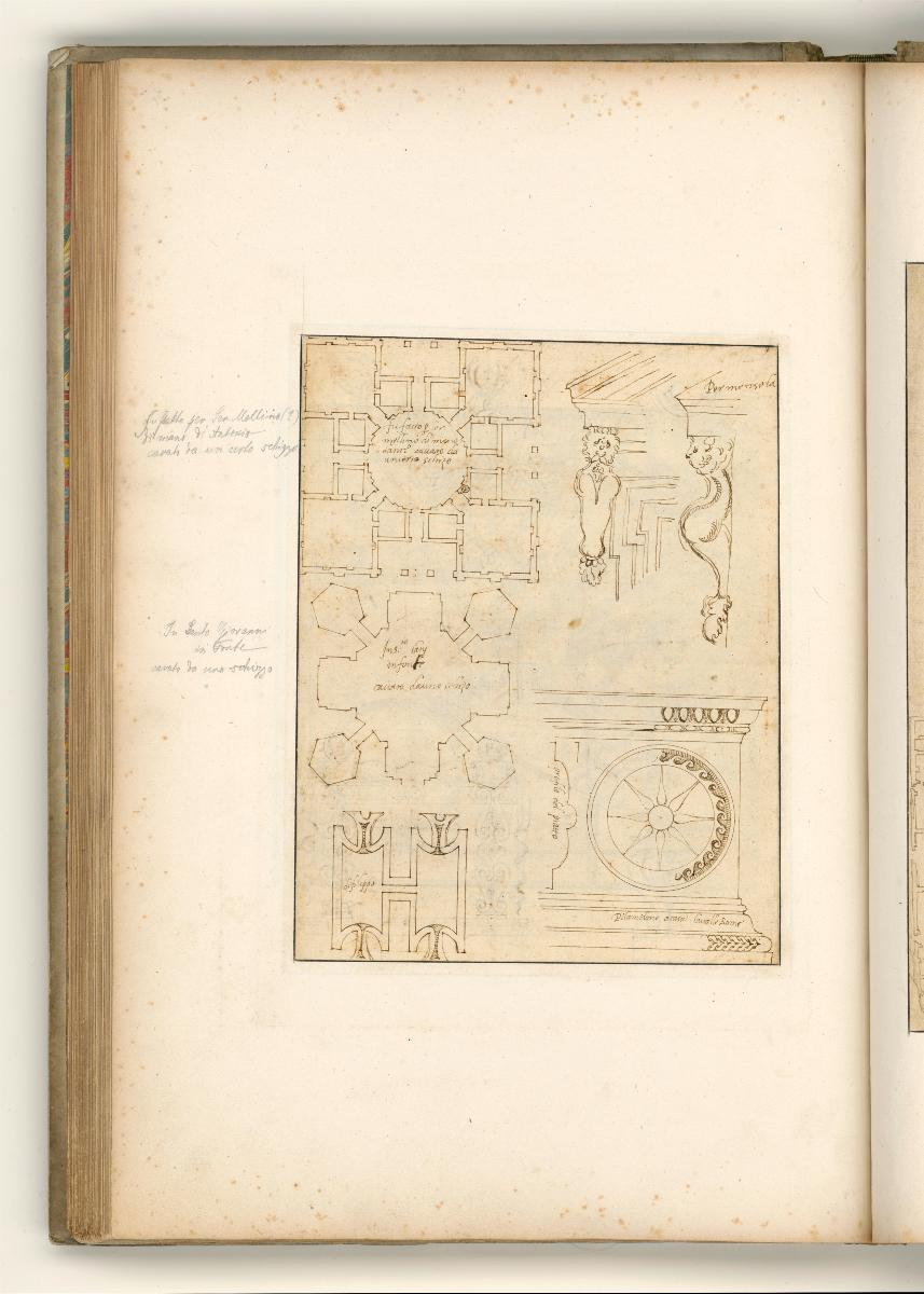 Muster für Prunkkeller, Konsole, Gewölbedekoration, Thron, Verso: Grundriss einer Villa, Grundriss Baptisteriums S. Giovanni, u.ä. architektonische Details