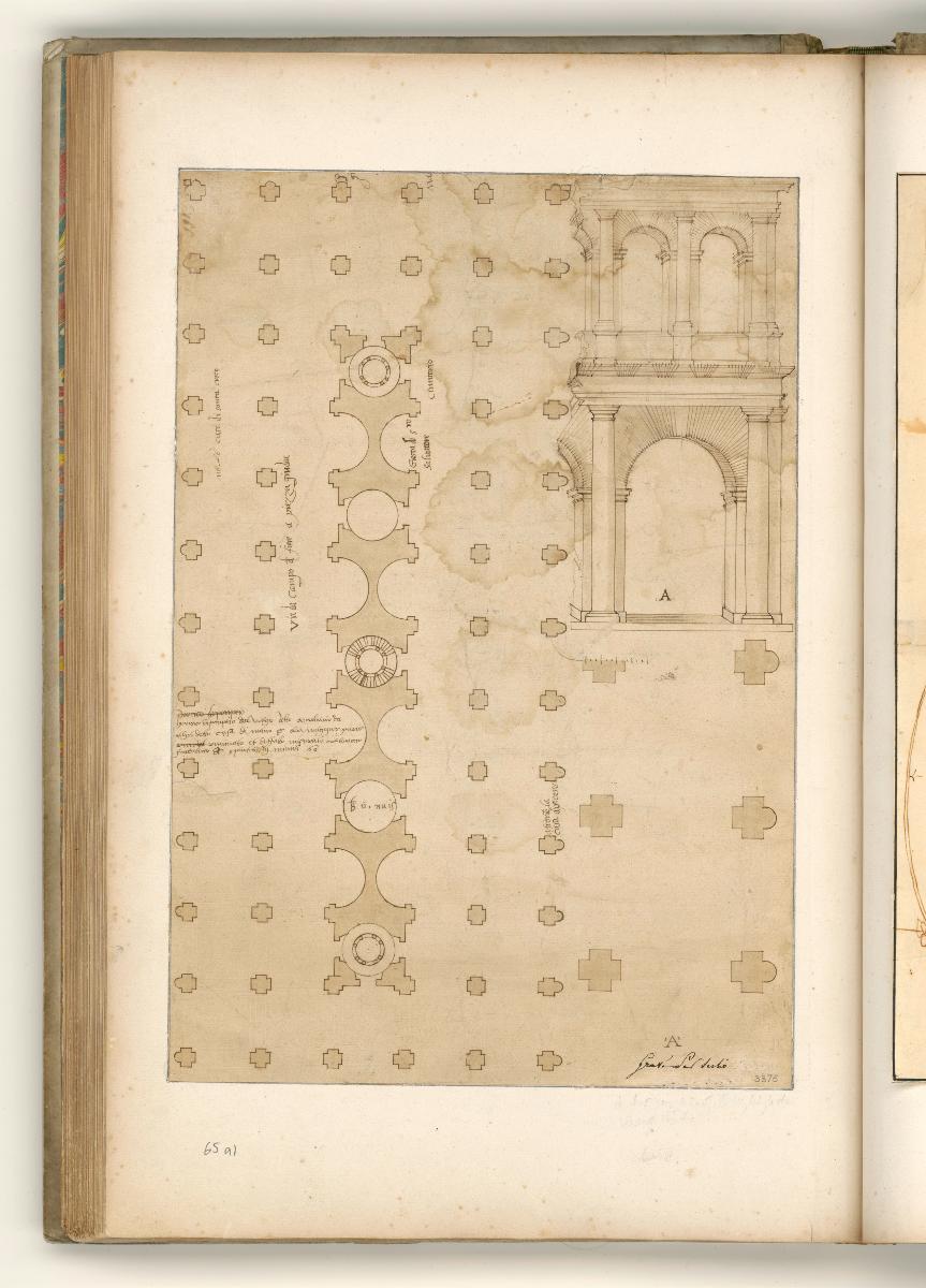 Rom, Porticus Pompeij, Vorzeichnung, Grundriss der Gesamtanlage, Grunbdrisse und Aufriss Joch