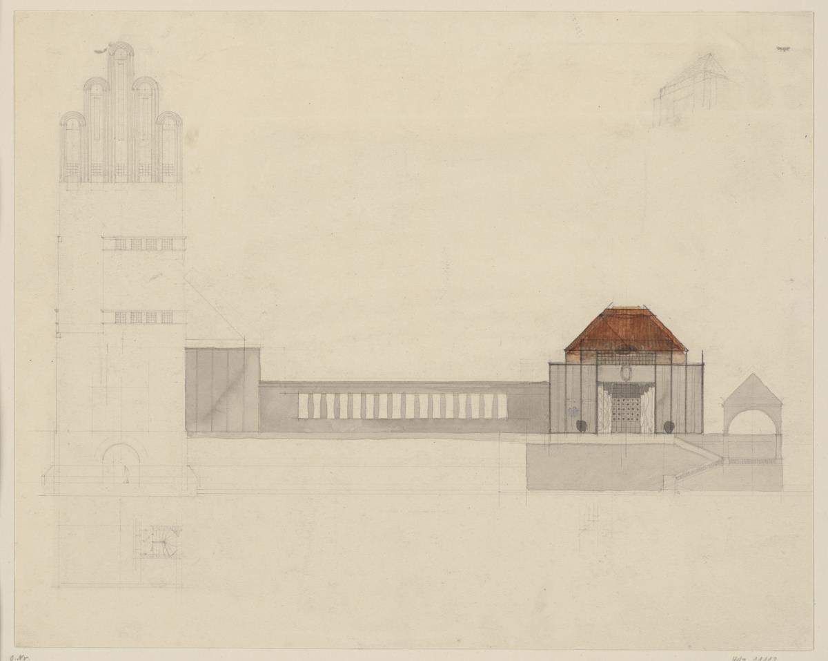 Darmstadt, Ausstellungsgebäude und Hochzeitsturm, Vorentwurf, Aufriss der Westfassade