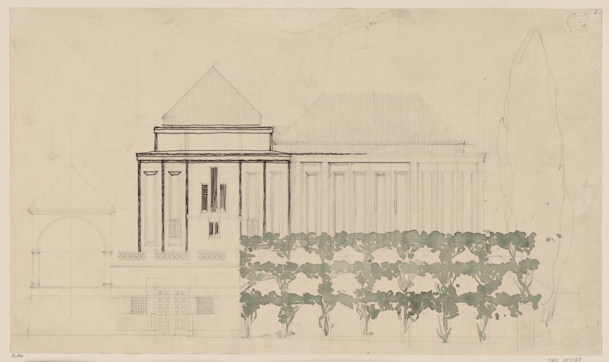 Darmstadt, Ausstellungsgebäude und Hochzeitsturm, Vorentwurf, Aufriss der Südfassade