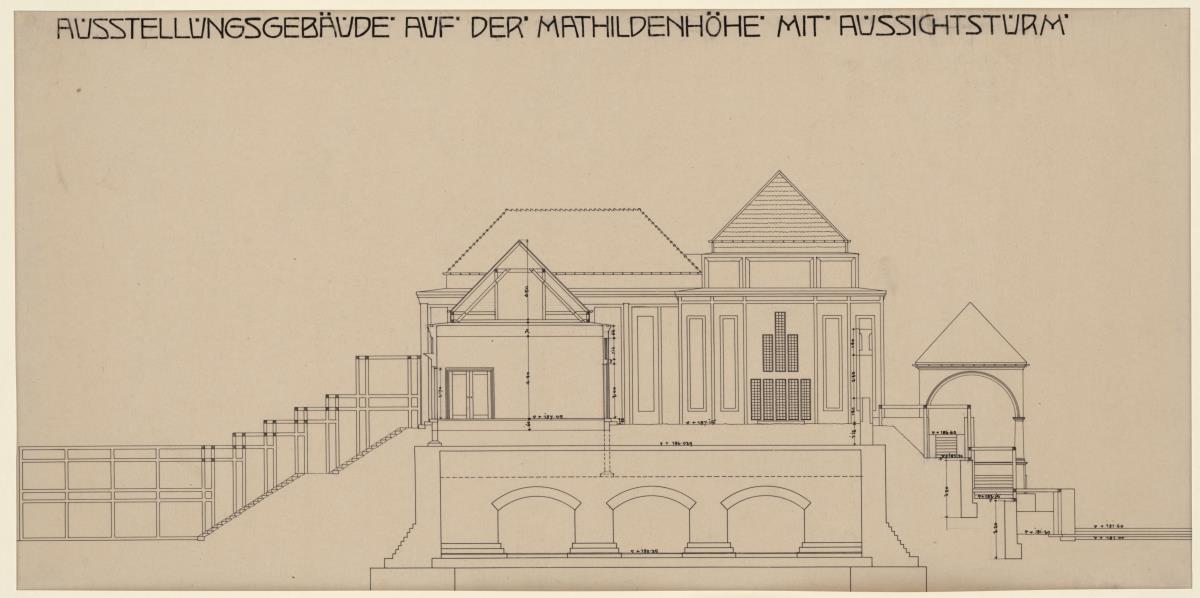 Darmstadt, Ausstellungsgebäude und Hochzeitsturm, Vorentwurf, Aufriss der nördlichen Hoffassade und Schnitt