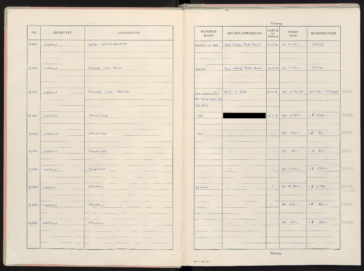 [Erwerbungsbuch für Sammlungen und Kunstwerke des Ägyptischen Museums 1977-1994]