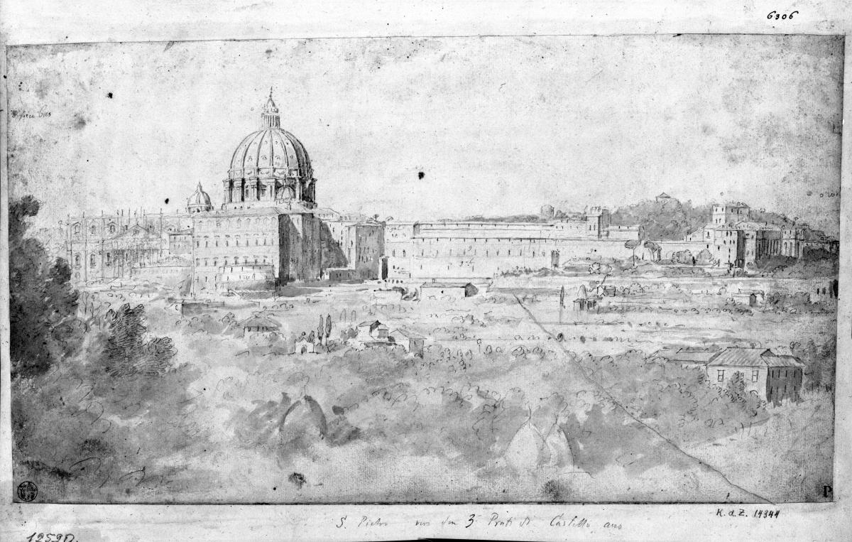 Blick auf S. Pietro und den Palast hin zum Belvedere von den Prati aus