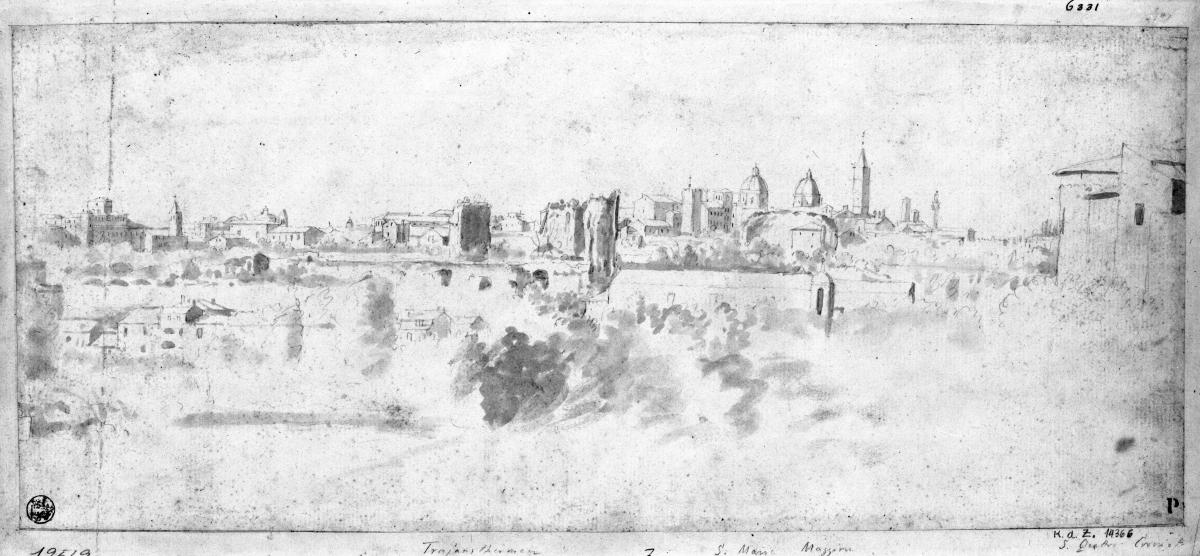 Blick auf den Esquilin von Südwesten mit den Trajansthermen und S. Maria Maggiore, rechts SS. Quattro Coronati