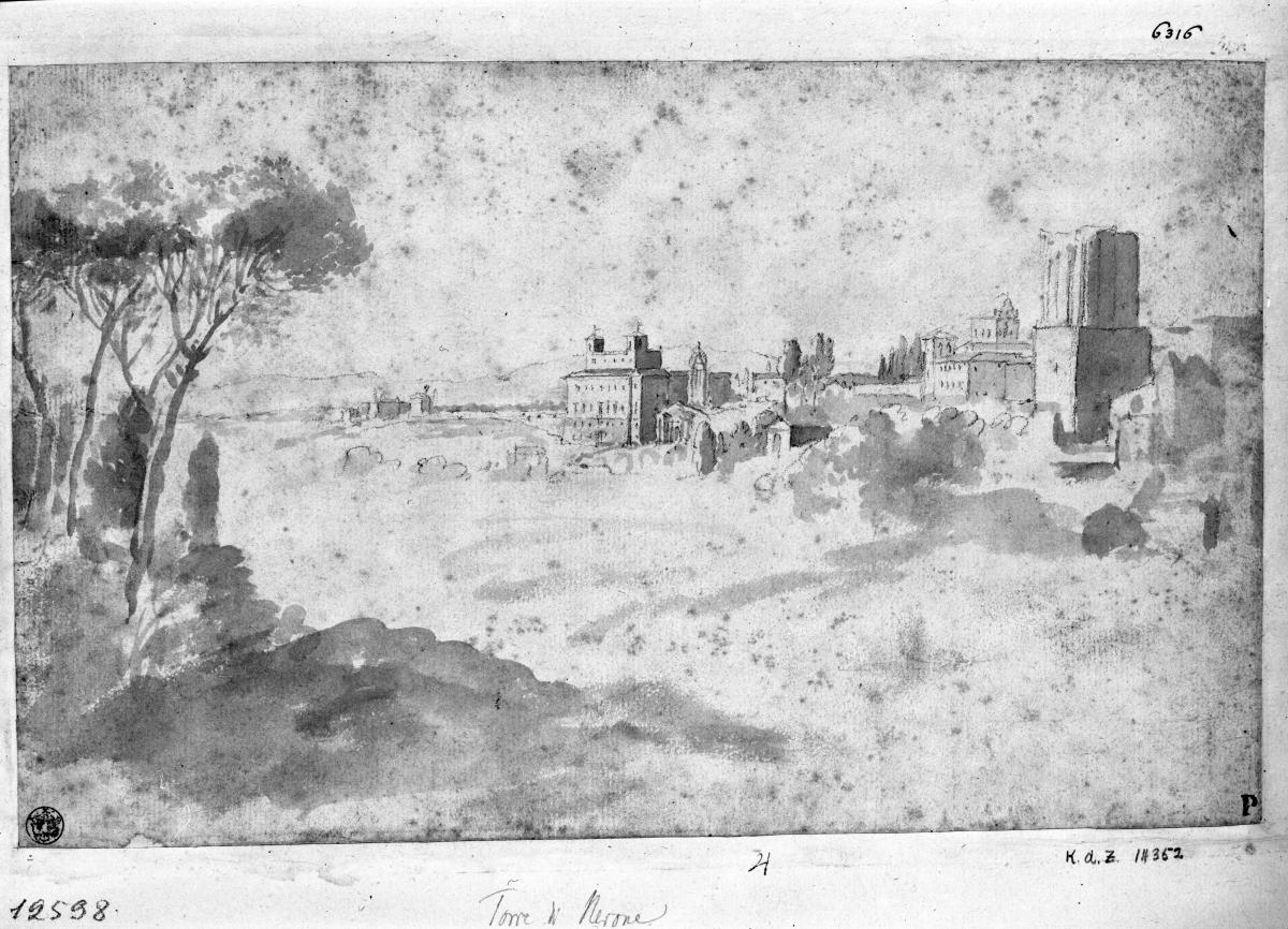 Torre di Nerone, Turm rechts, im MIttelgrund links davon Kasino mit zwei Türmen, ähnlich Villa Medici oder Borghese