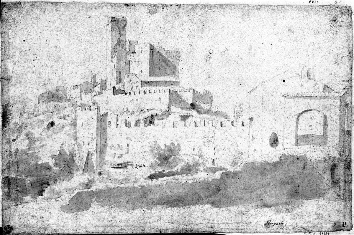 Borghetto, Burgruine mit einigen Häusern und Zinnenmauern, rechts ein Tor