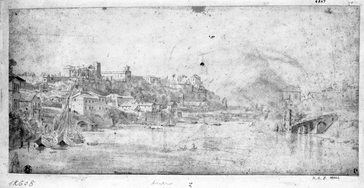 Der Aventin mit den drei Kirchen vom rechten Ufer her gesehen, rechts Landungsstelle und kleine Villa (Casino di Donna Olimpia?)