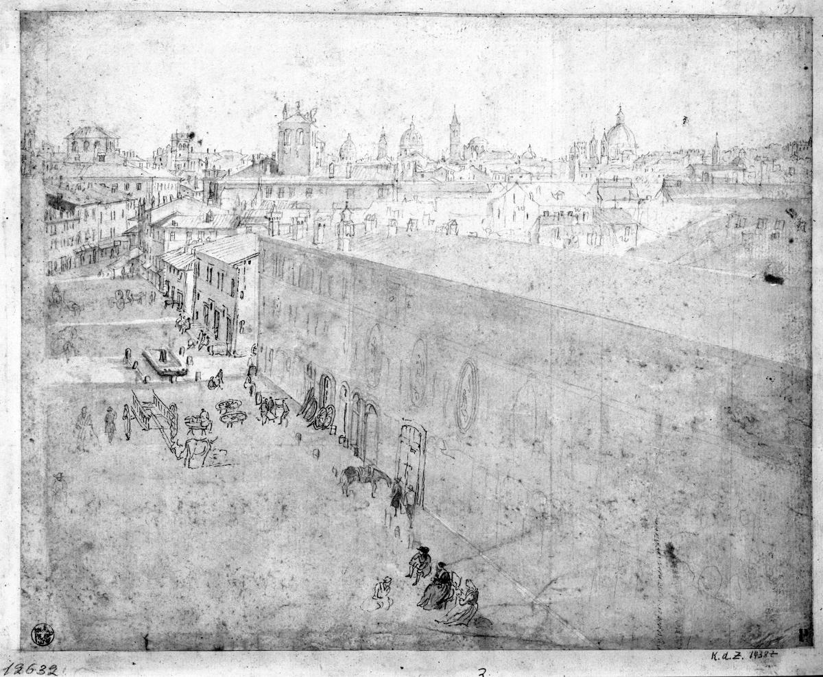 Blick in eine Straße und auf die Dächer Roms, rechts Kuppel und Türme von S. Agnese