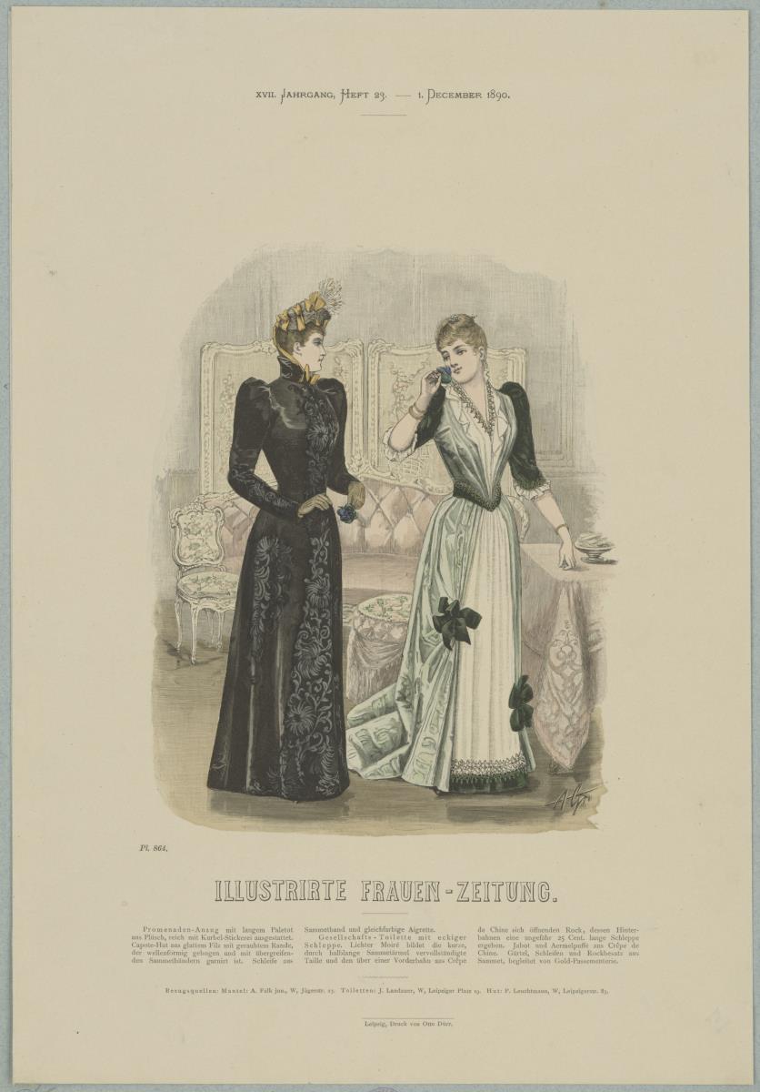 Illustrirte Frauen-Zeitung: Promenaden-Anzug mit langem Paletot und Gesellschafts-Toilette mit eckiger Schleppe