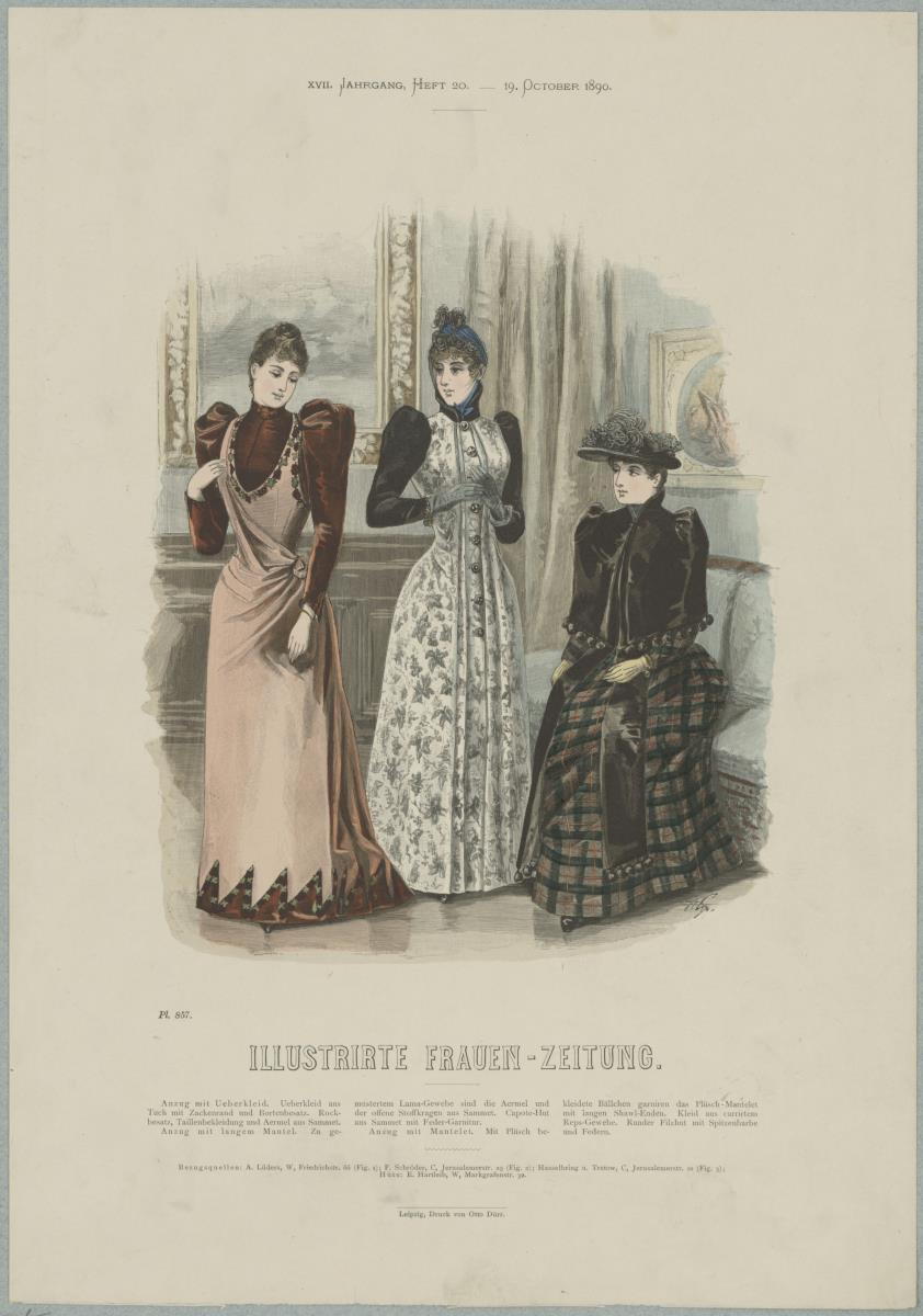 Illustrirte Frauen-Zeitung: Anzug mit Überkleid, Anzug mit langem Mantel und Anzug mit Mantelet