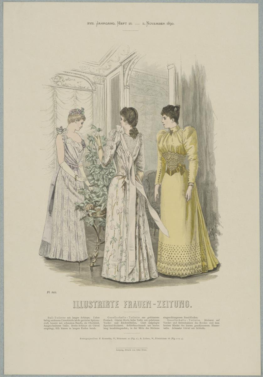Illustrirte Frauen-Zeitung: Ball-Toilette mit langer Schärpe und zwei Gesellschafts-Toiletten