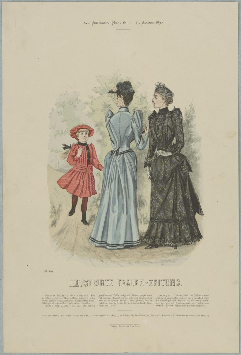 Illustrirte Frauen-Zeitung: Blusenkleid für kleine Mädchen, Anzug mit glatter Taille und Anzug mit Überkleid