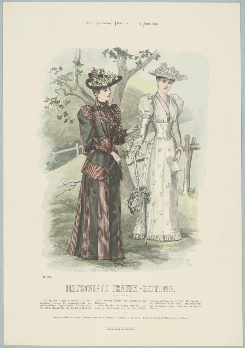 Illustrirte Frauen-Zeitung: Anzug mit langer Schosstaille und Miederkleid für junge Damen