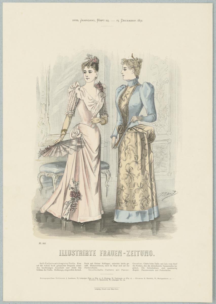 Illustrirte Frauen-Zeitung: Ball-Toilette mit drapierter Taille und Gesellschafts-Toilette mit Paniers-Garnitur