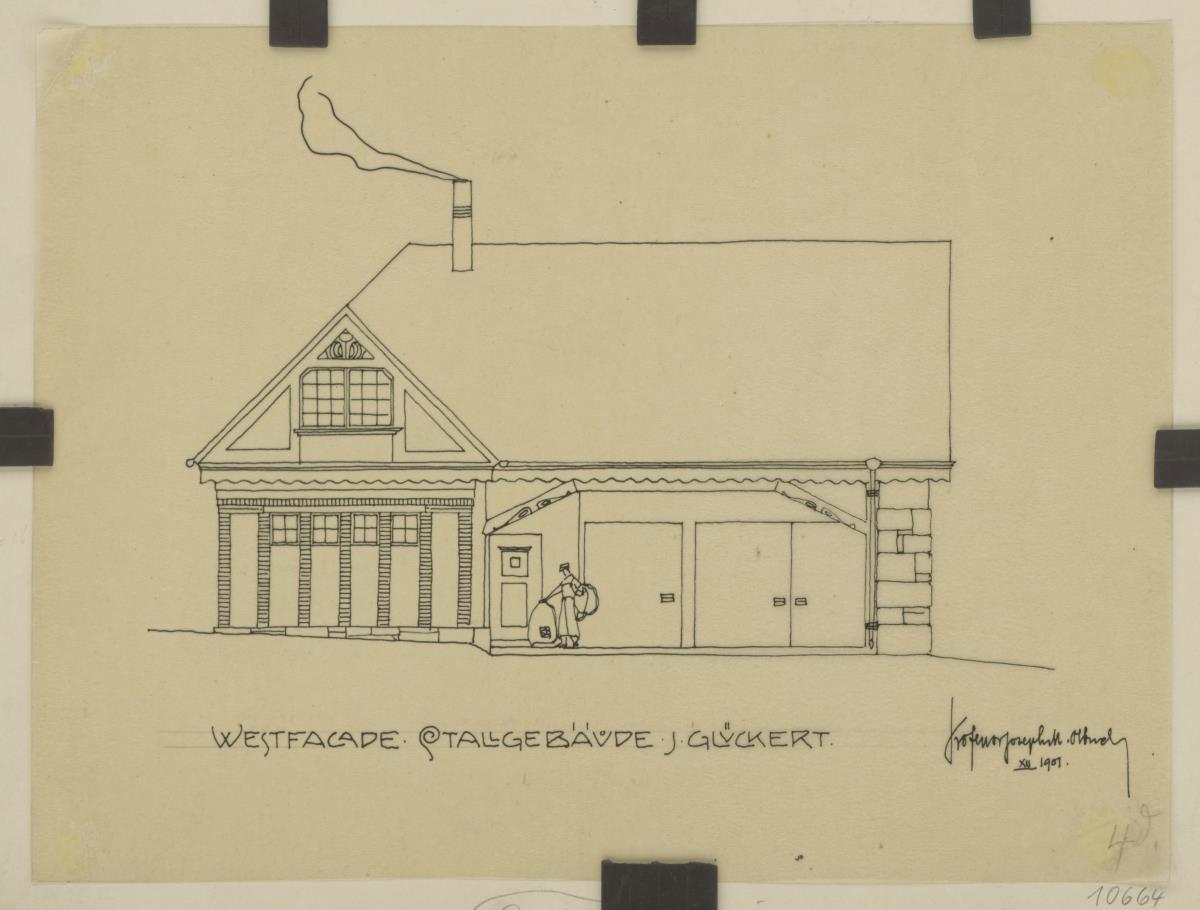 Darmstadt, Projekt Stallgebäude für Julius Glückert, erste Version, Aufriss der Westfassade