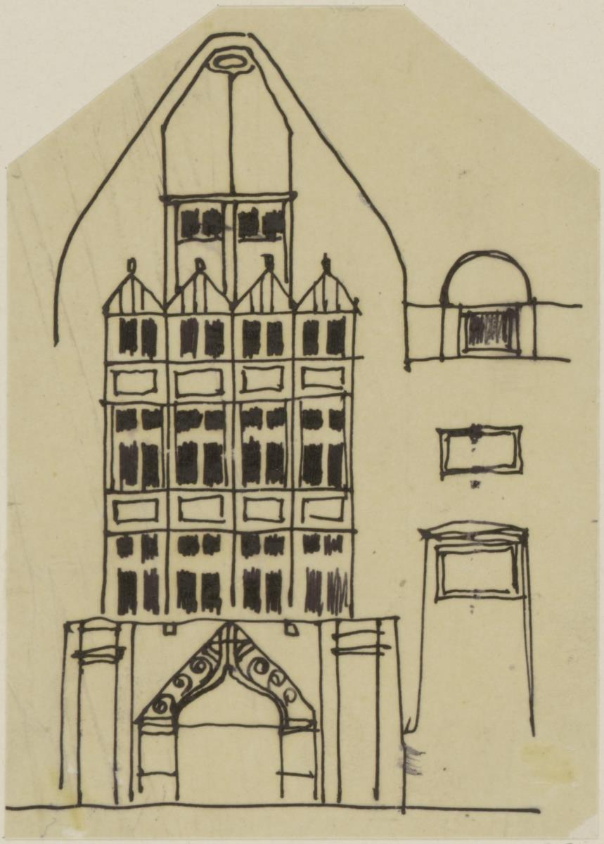 Marienbad, Projekt Kurhotel in Königswart, vorbereitende Skizze, Aufriss eines Teils der Hauptfassade
