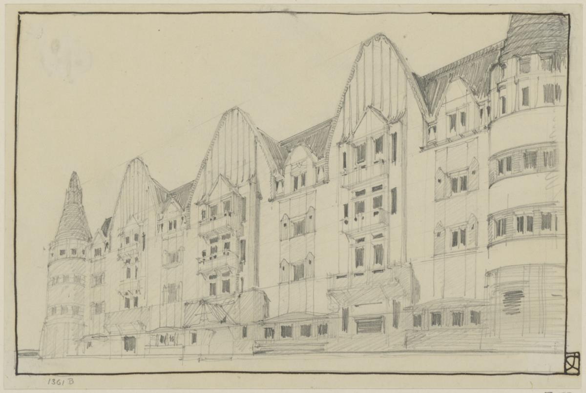Marienbad, Projekt Kurhotel in Königswart, erster Vorentwurf, Perspektive der Hauptfassade von Südwesten